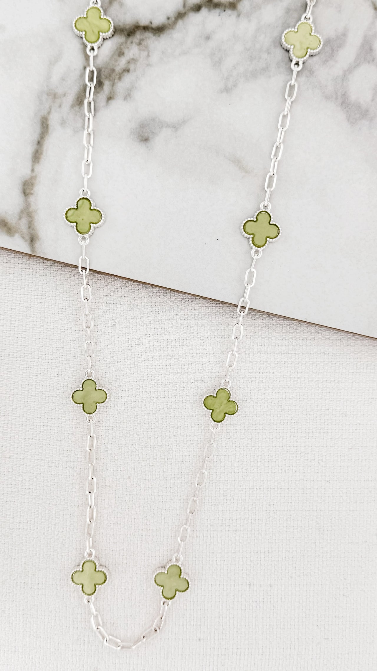 Envy Green and Silver Long Clover Necklace