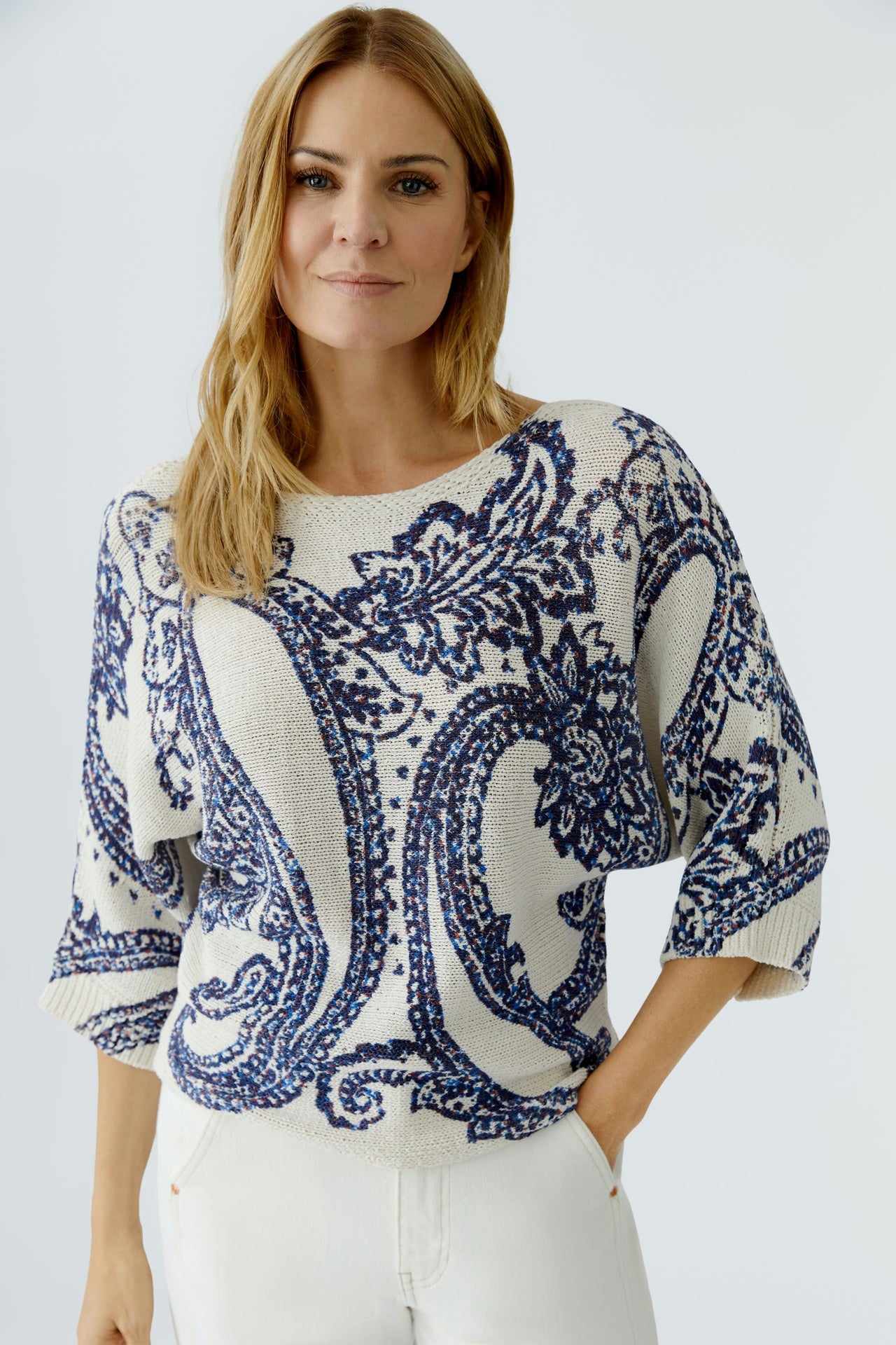 Oui Paisley Knitted Jumper - White/Blue