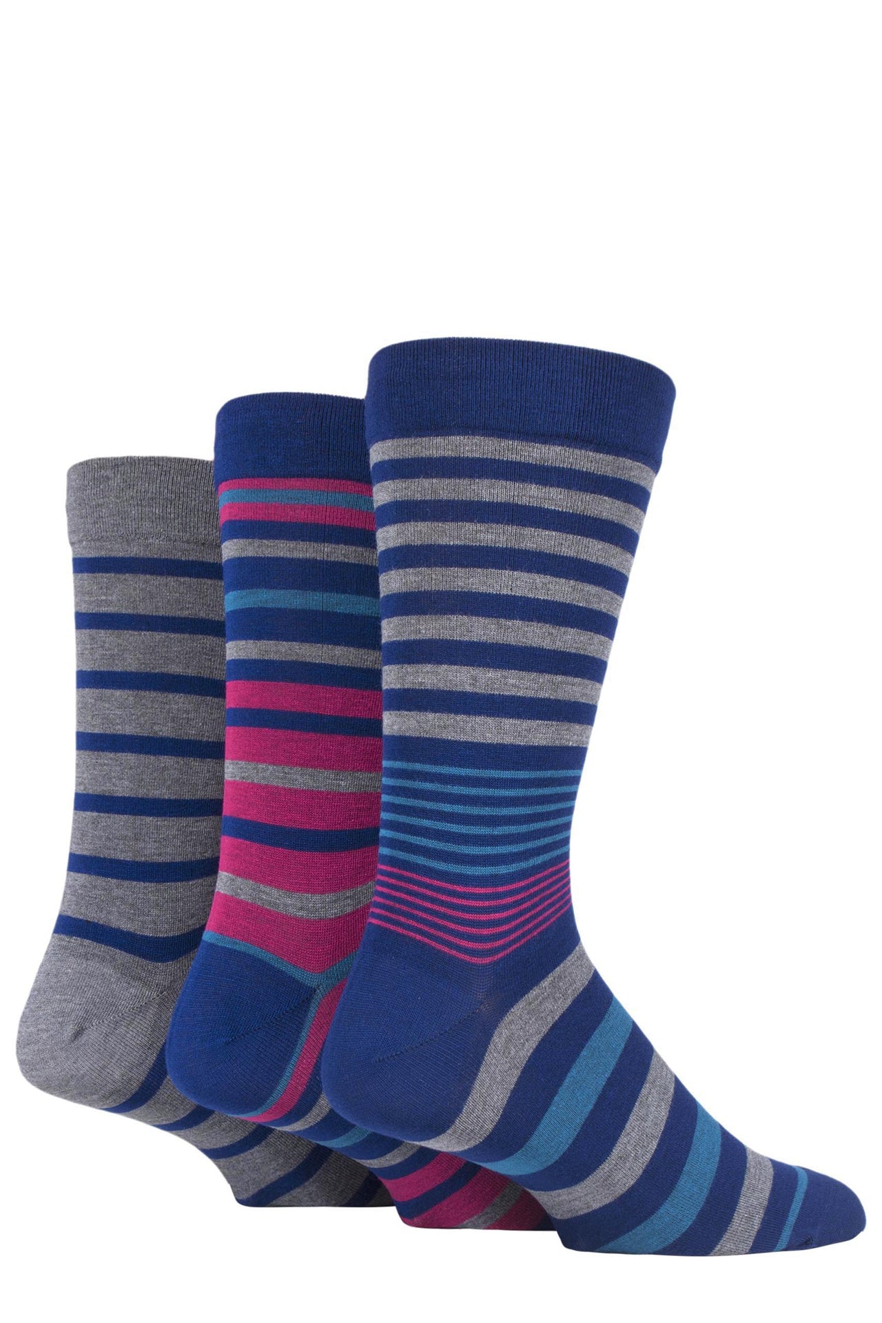 Men's 3 Pair Sockshop Striped Bamboo Socks With Gentle Cuff - Blue Mix