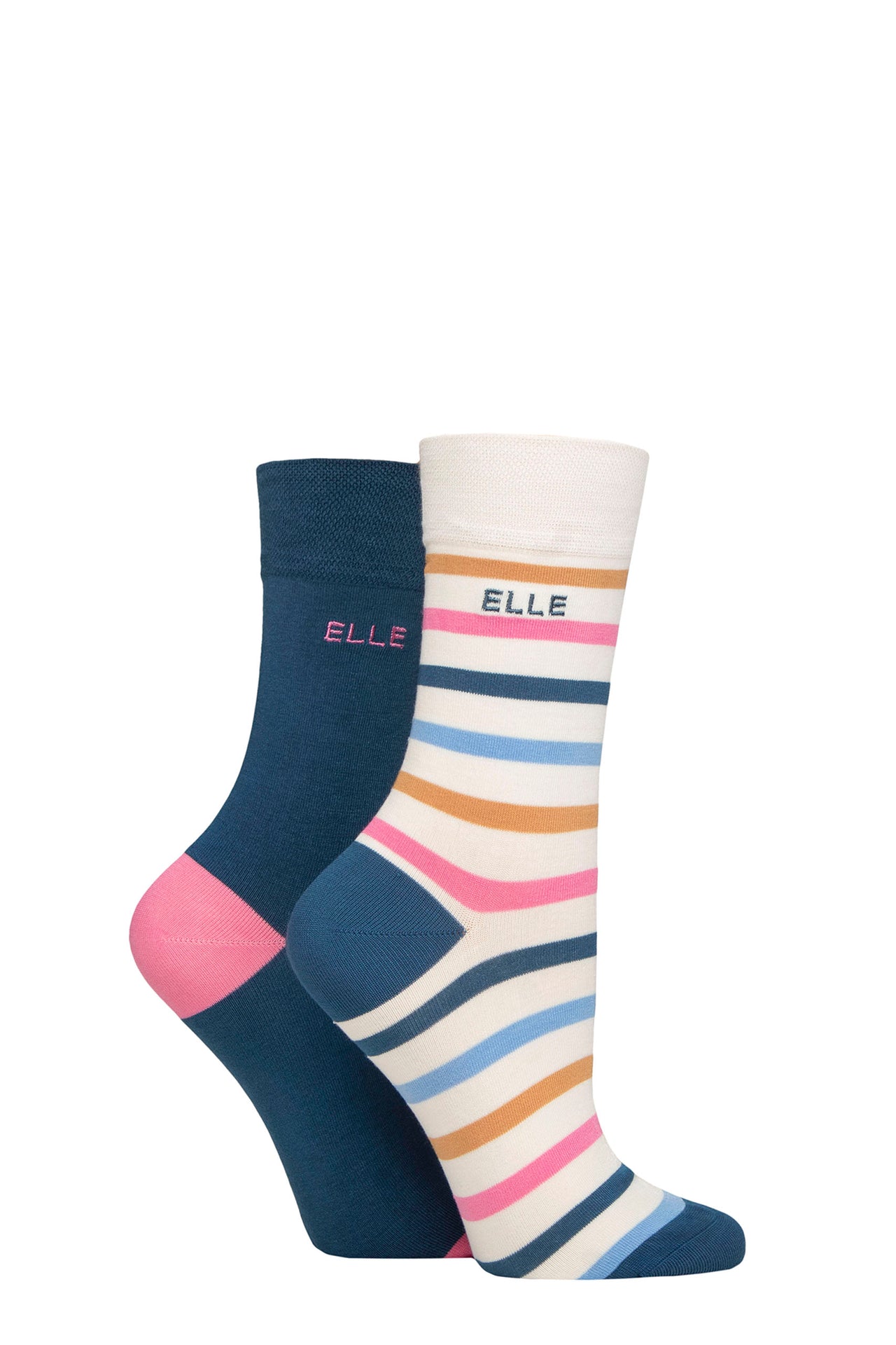 Elle 2 Pair Bamboo Stripe And Plain Sock - Seafarer