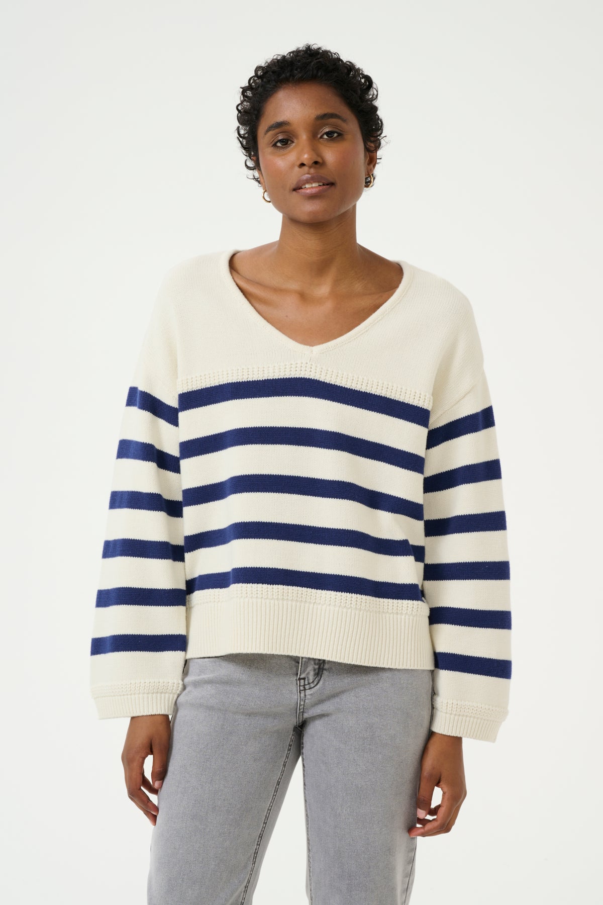 Cream Muka White/Navy Striped Knit Polo Pullover