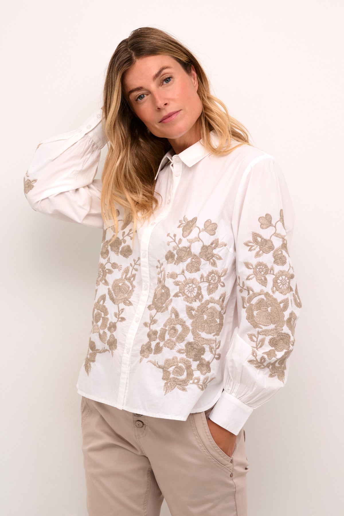 Cream Daisy White Embroidered Shirt