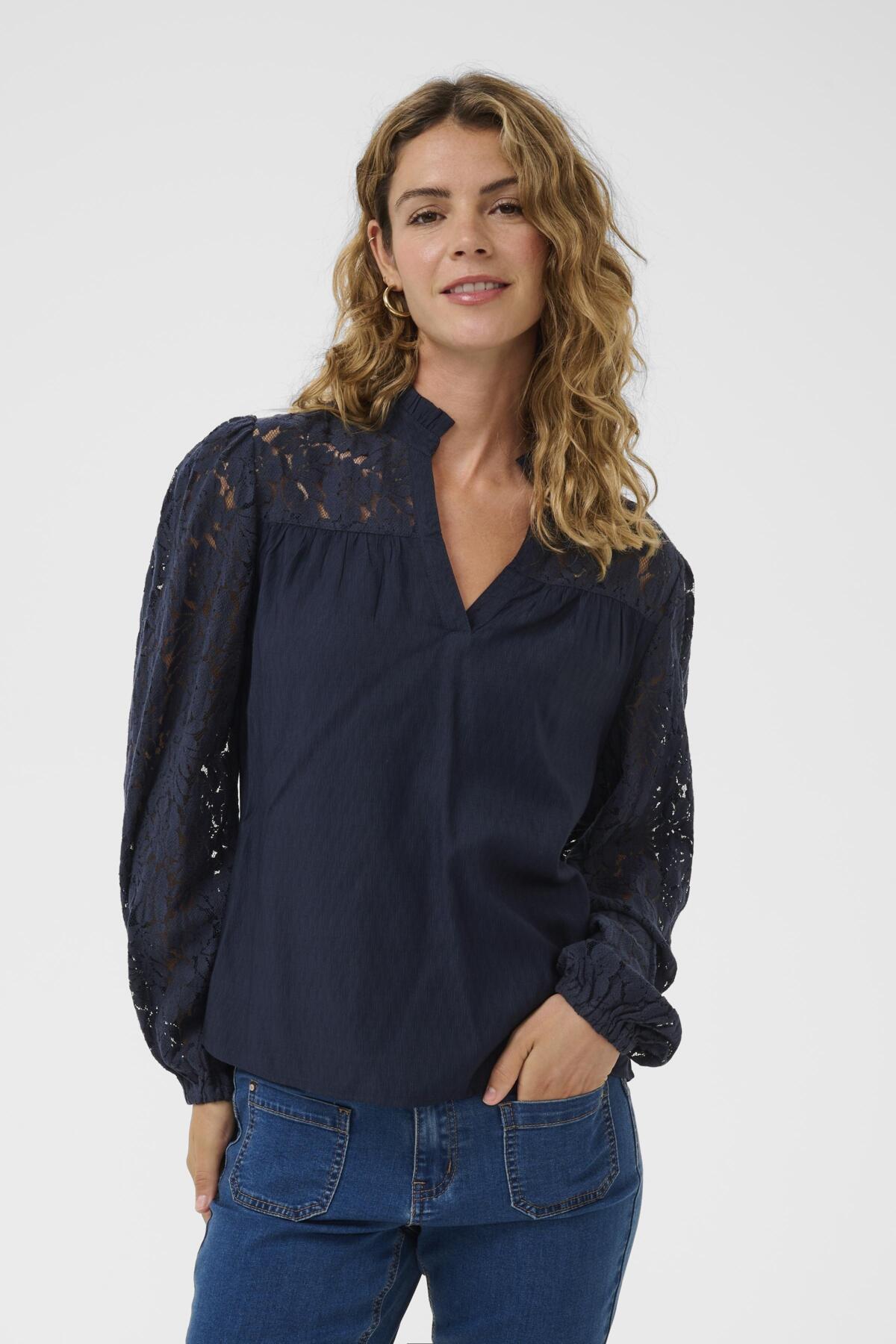 Cream Liselin Lace Blouse - Navy Blazer
