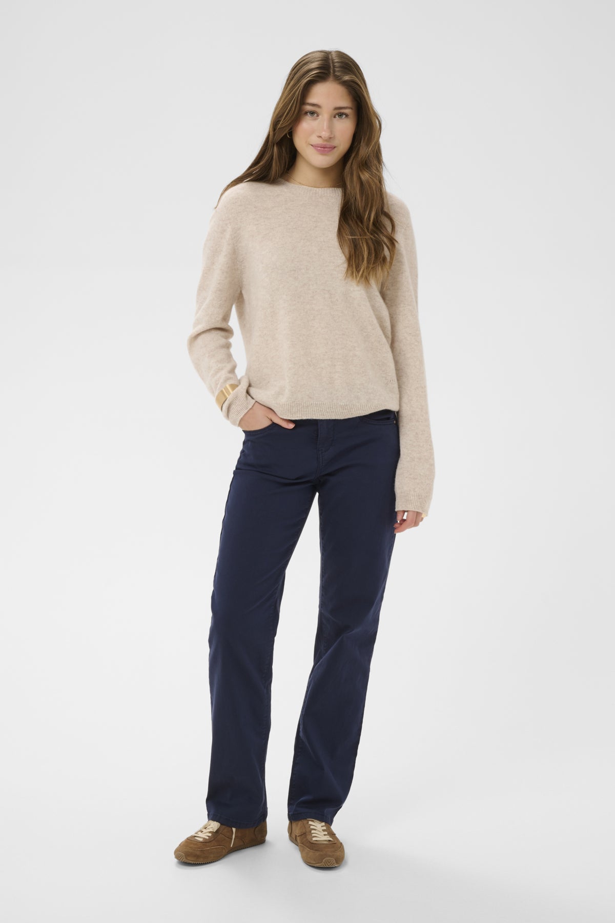 Cream Sophia Straight Twill Trousers - Navy Blazer
