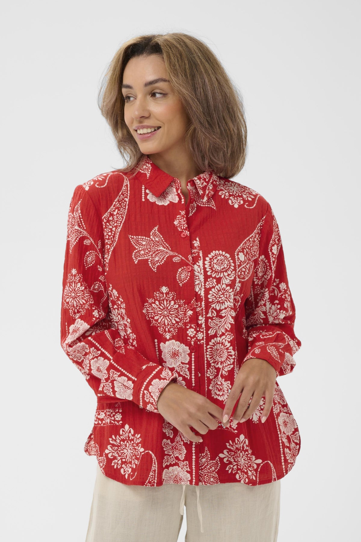 Cream GIANNA Blouse - Red Ethnic Print