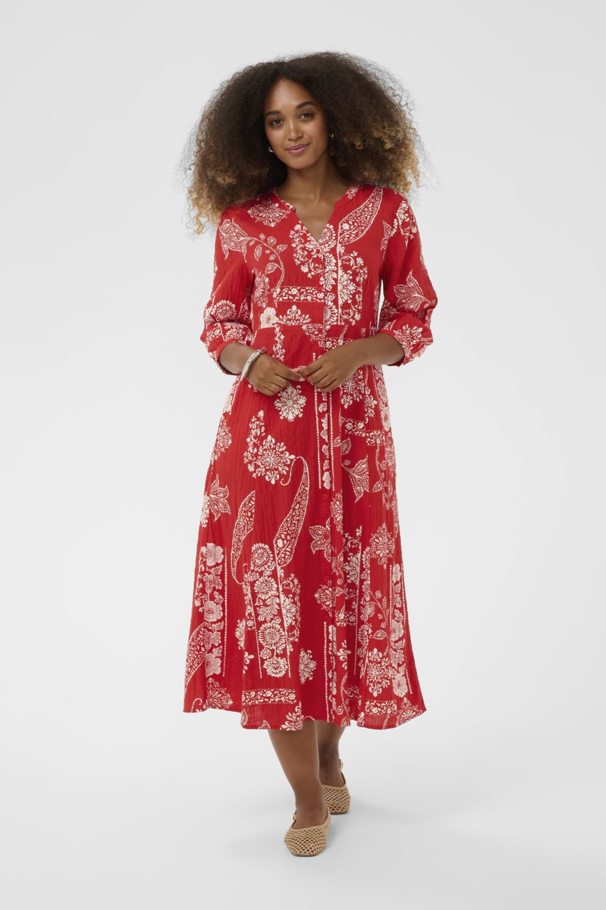 Cream GIANNA Dress - Red Ethnic Print