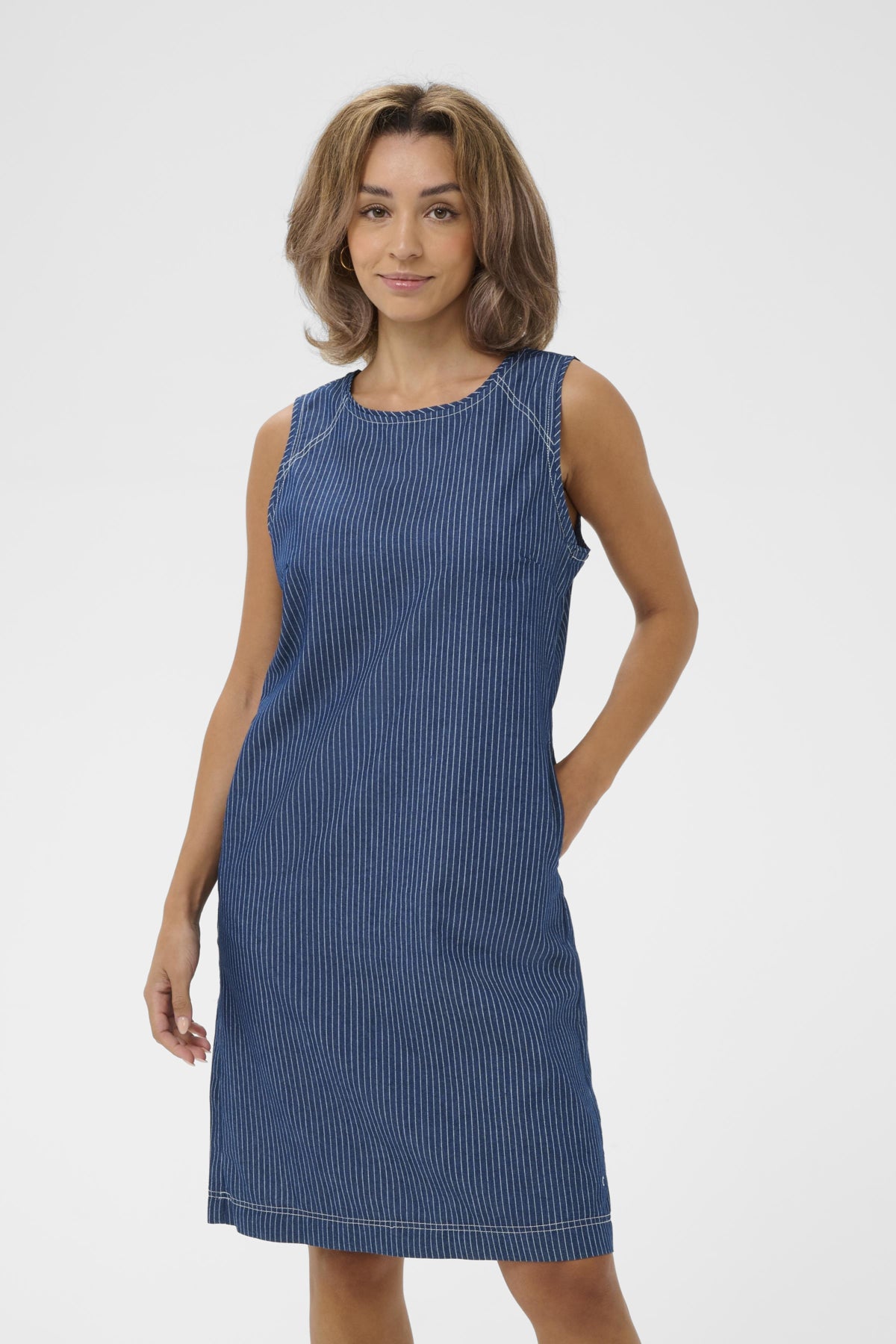 Cream AGATE Shift Dress - Rossland Pinstripe Denim