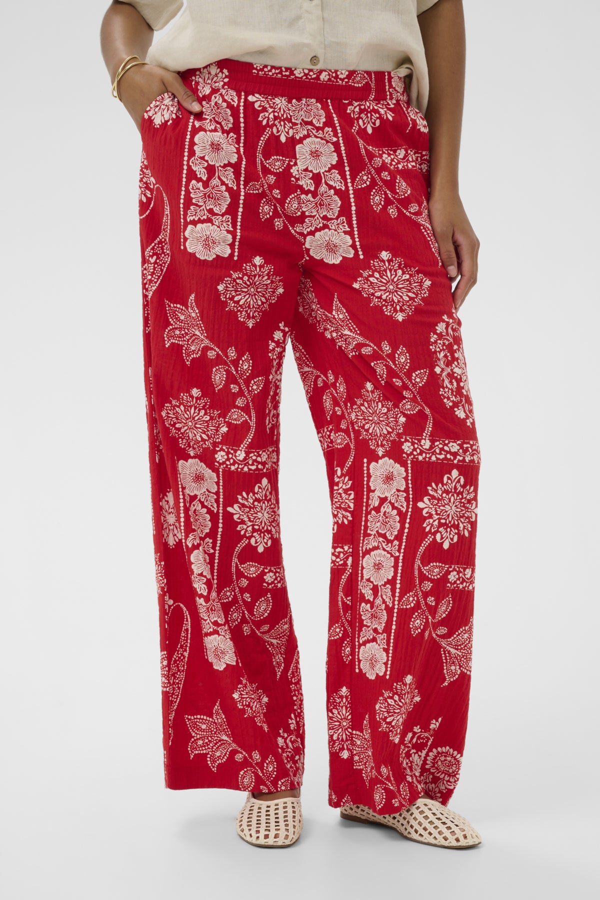 Cream GIANNA Trousers - Red Ethnic Print