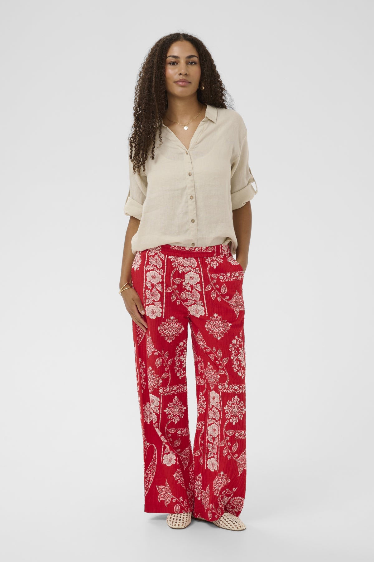 Cream GIANNA Trousers - Red Ethnic Print
