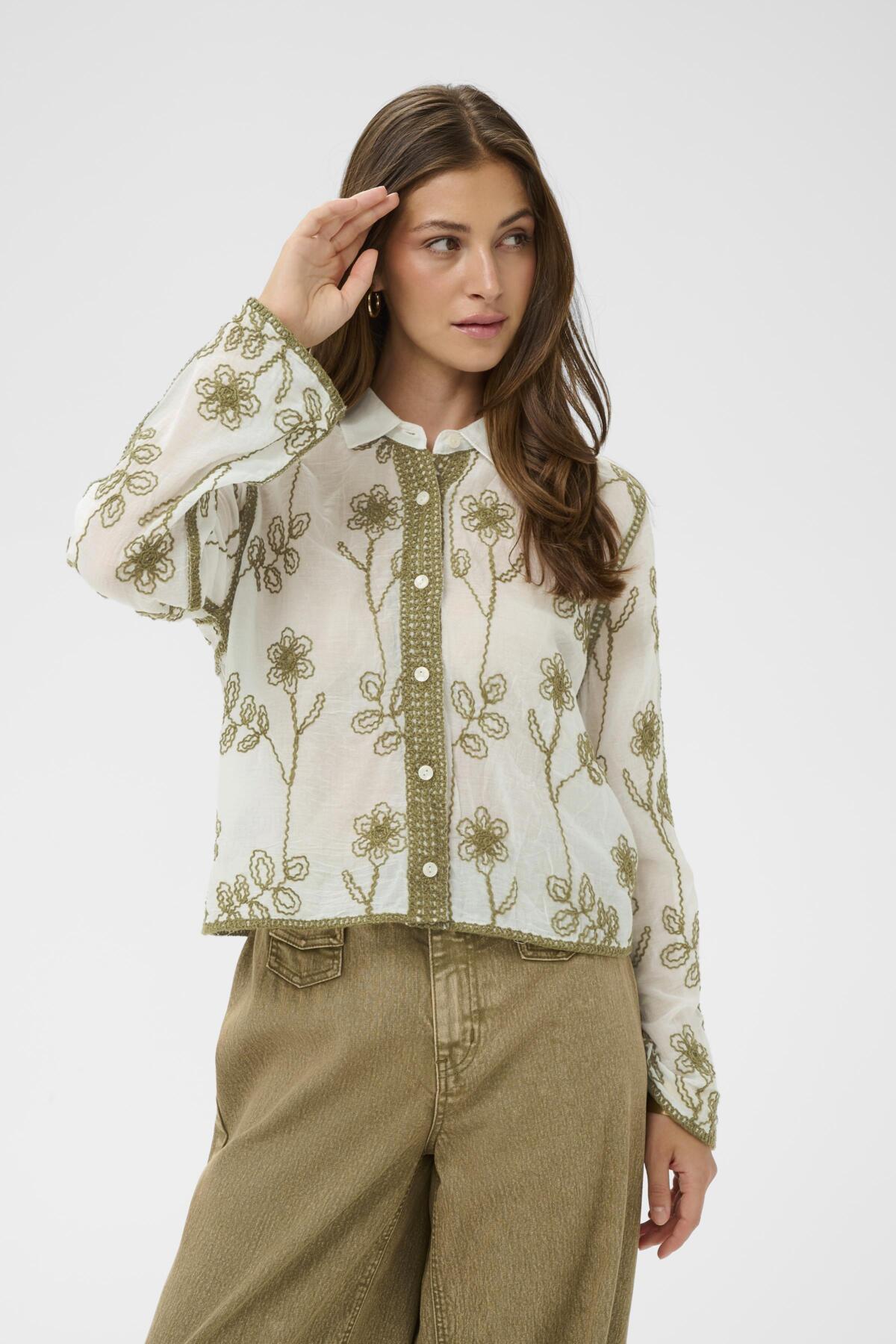 Cream LEILA Green Flower Shirt - Snow White