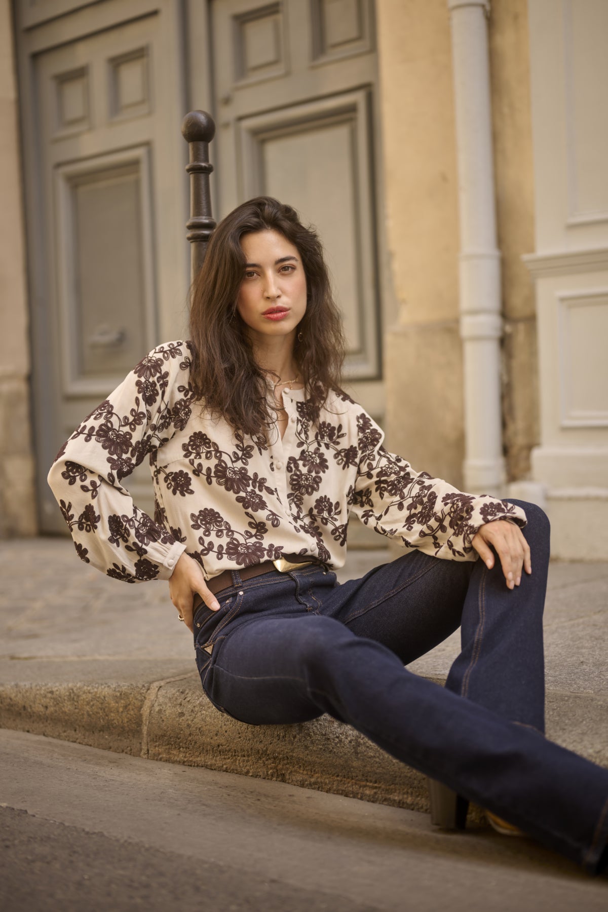 Cream RUBY Blouse - Oatmeal With Java Flowers