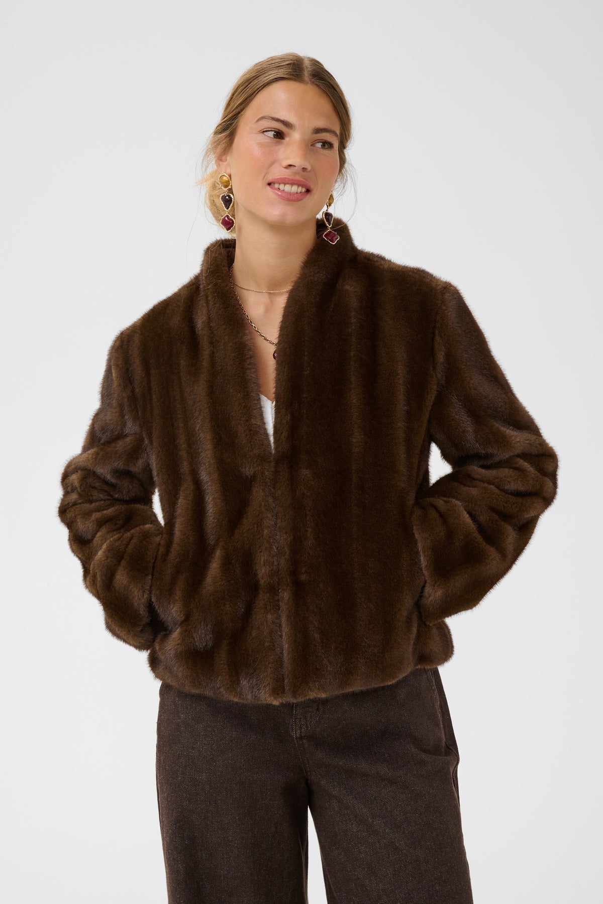 Cream FRANIA Fur Jacket - Brown Fur