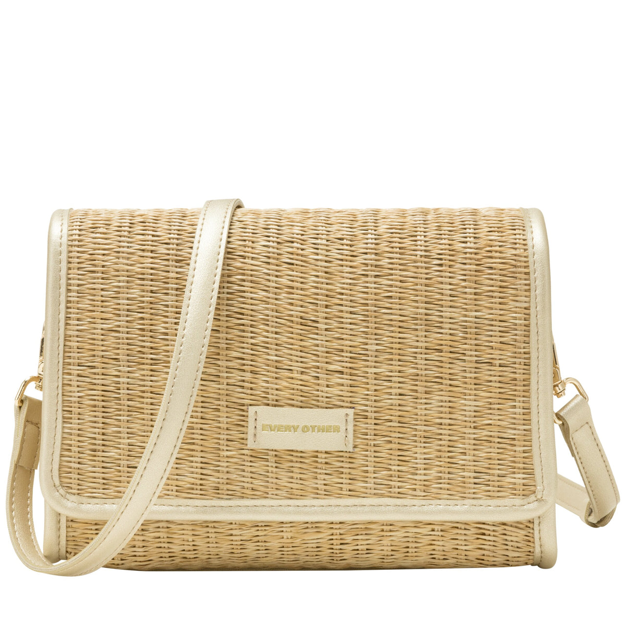 Every Other Straw Flap Over Cross Body Bag - Soft Gold