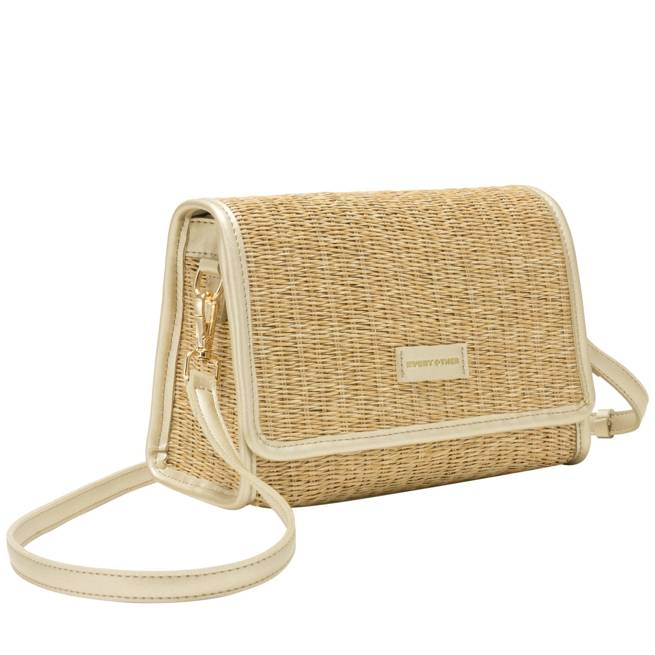 Every Other Straw Flap Over Cross Body Bag - Soft Gold