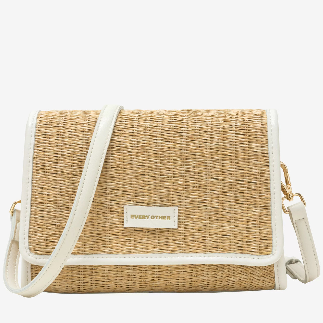 Every Other Straw Flap Over Cross Body Bag - White