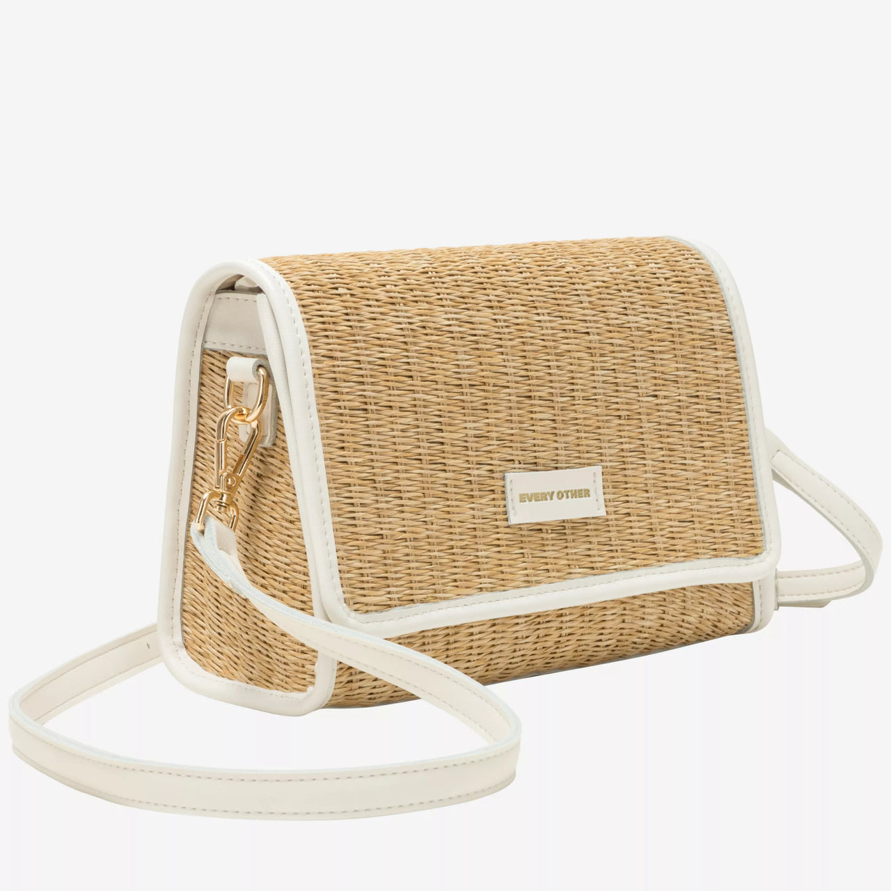 Every Other Straw Flap Over Cross Body Bag - White