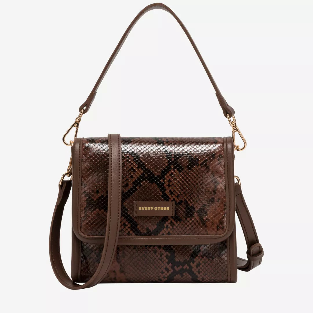 Every Other Snake Effect Flap Over Cross Body Bag - Brown