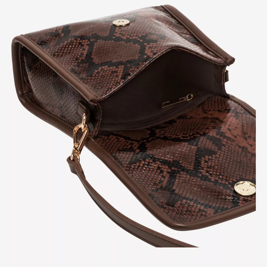 Every Other Snake Effect Flap Over Cross Body Bag - Brown
