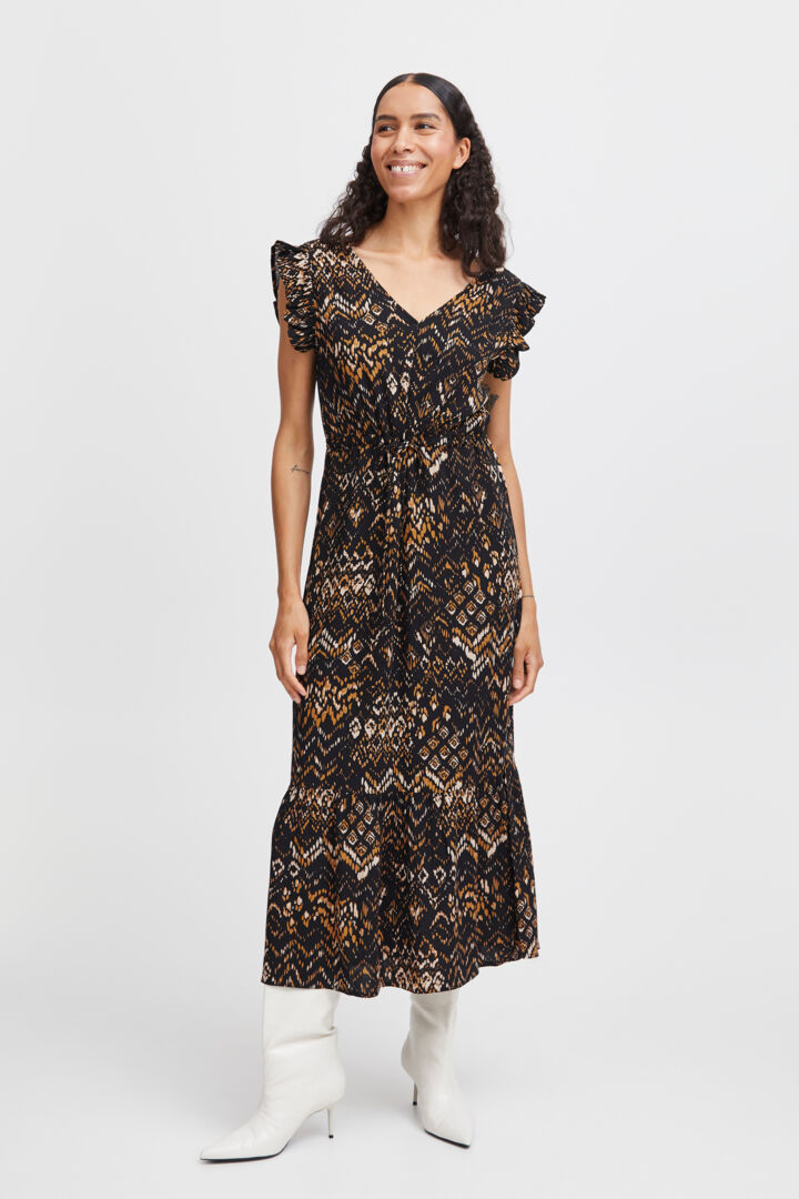 B Young Joella Frill Dress - Black Ethnic Mix