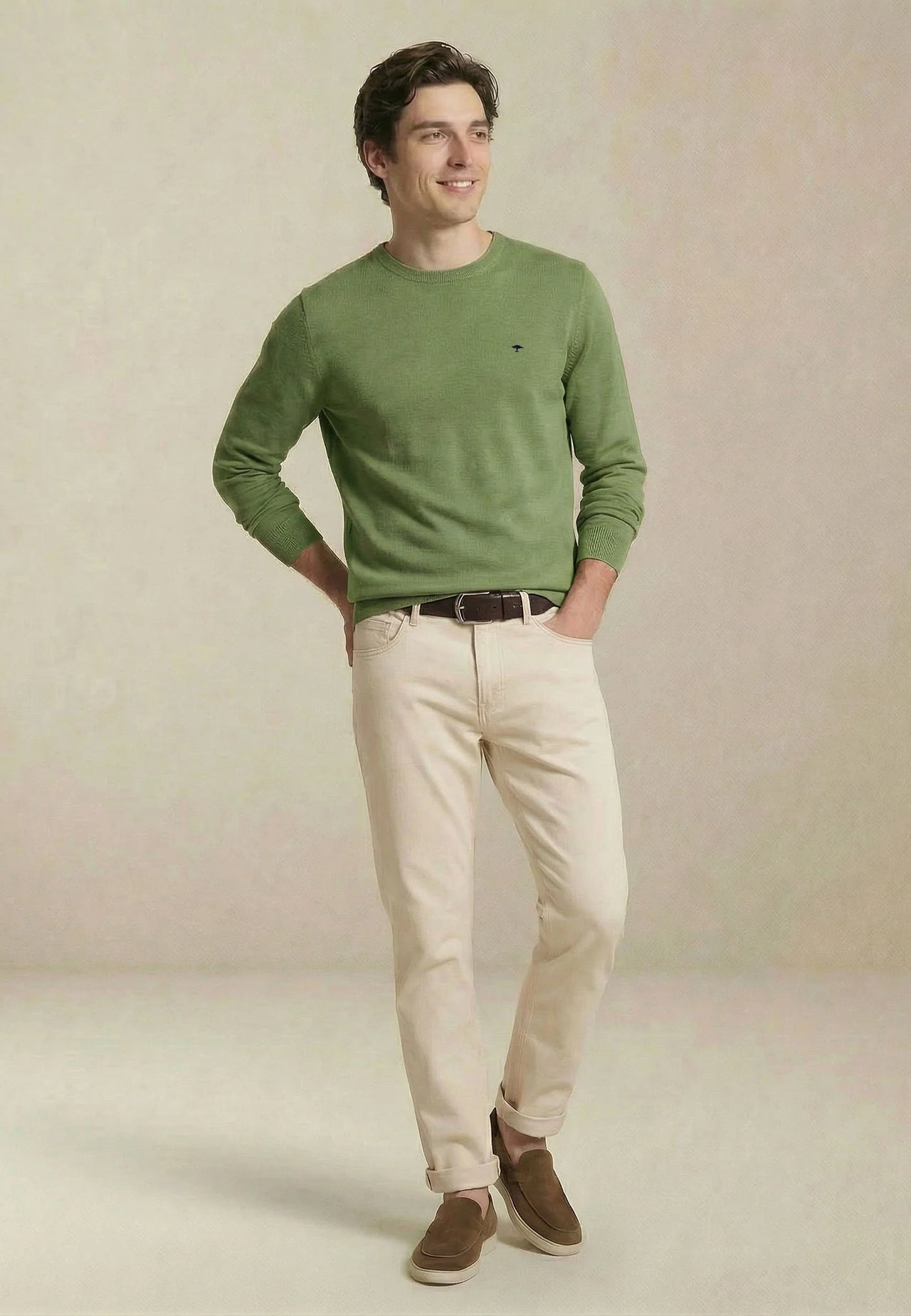Fynch Hatton O-Neck Air Cotton Jumper - Avocado