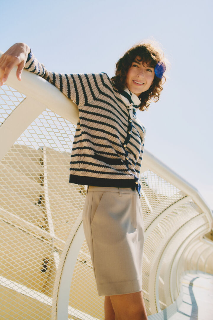 B Young Mikala Beige and Navy Strip Short Cardigan