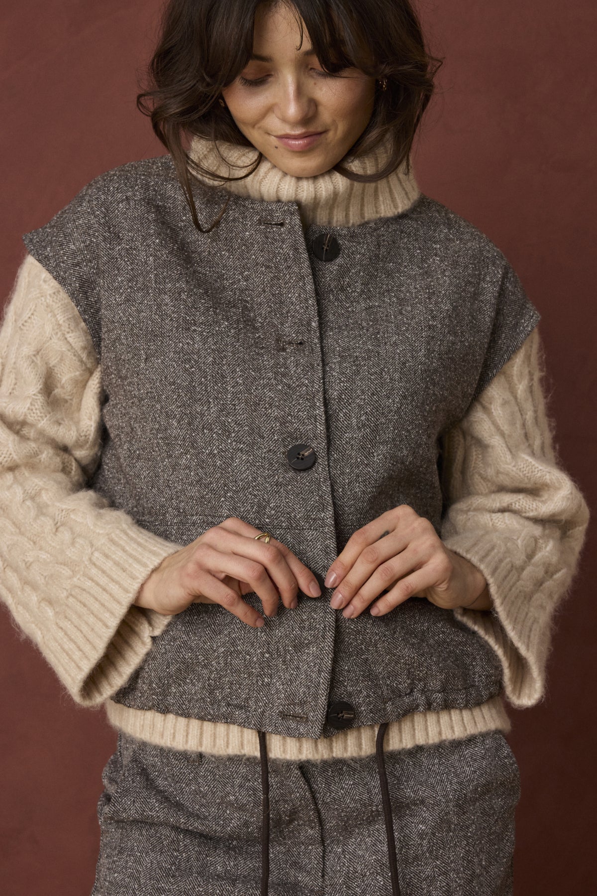 Fransa VEA Vest Top - Hot Fudge Herringbone