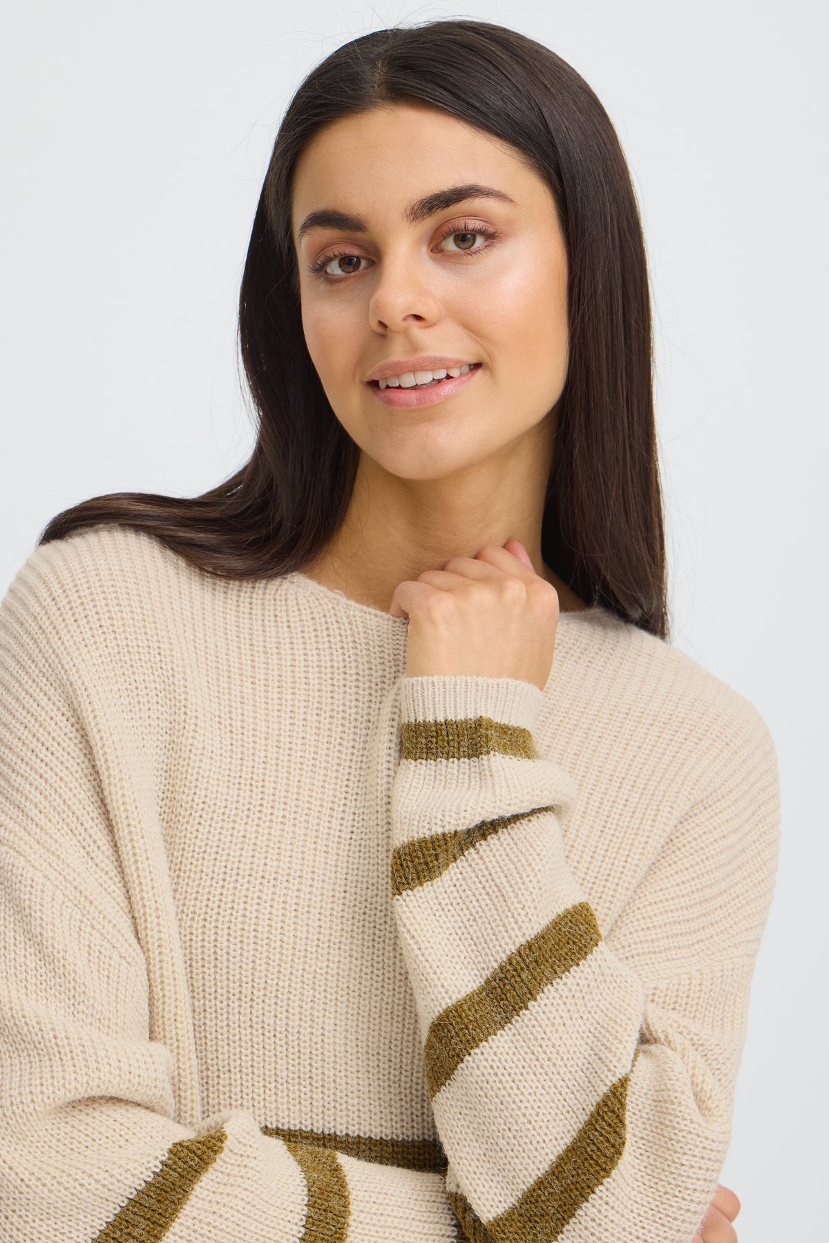 Fransa ERETTA Jumper - Oatmeal Melange With Olive Stripes