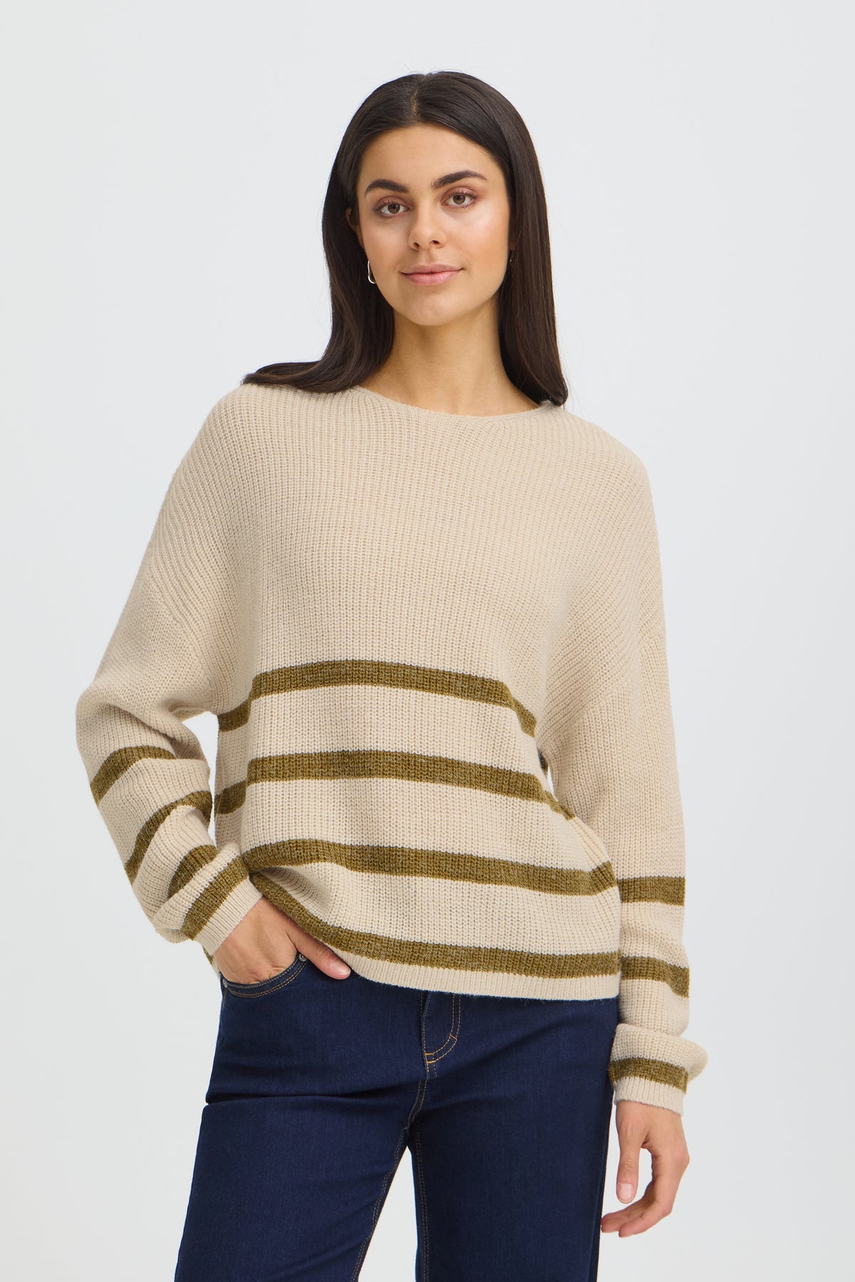 Fransa ERETTA Jumper - Oatmeal Melange With Olive Stripes
