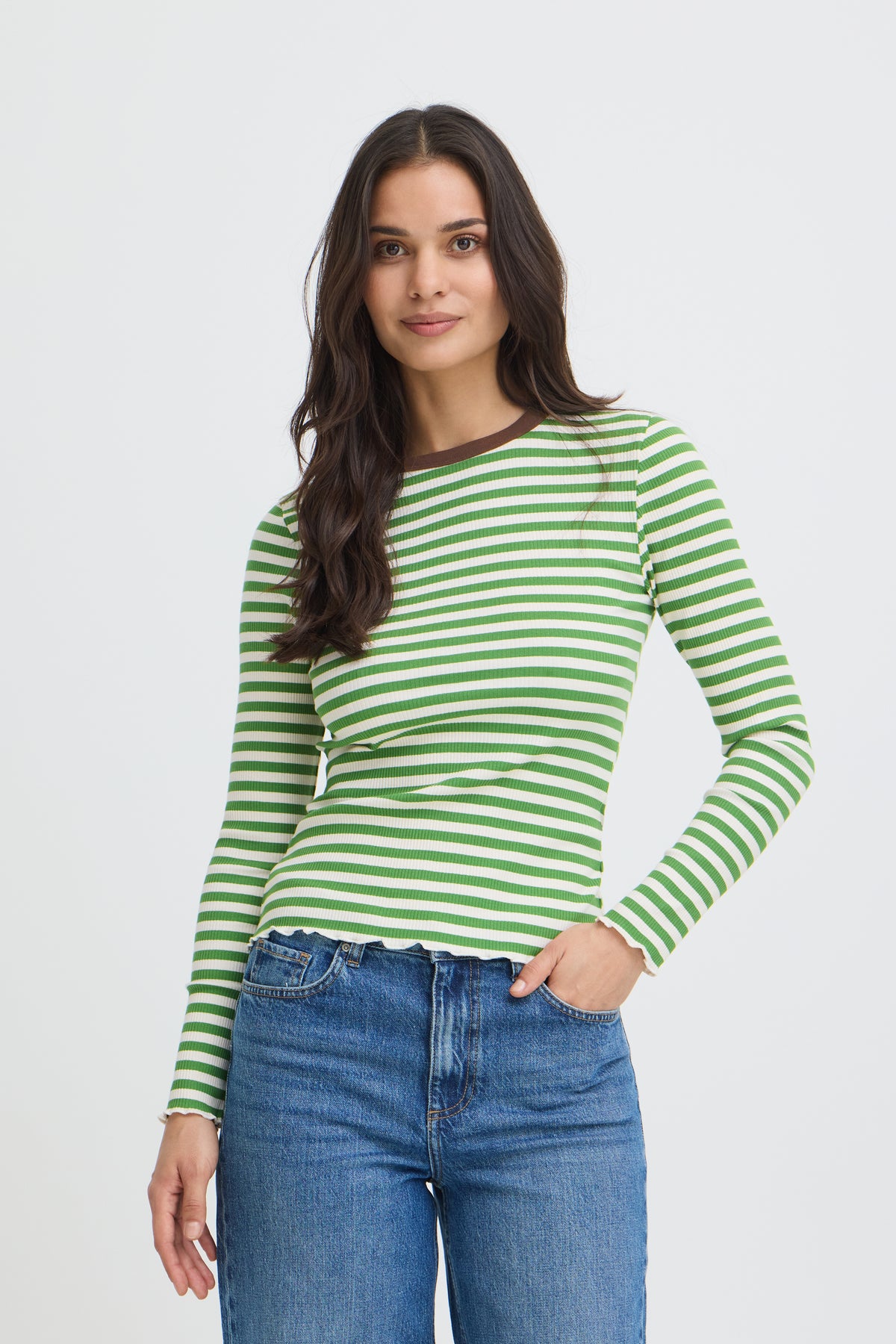 B Young SINNE Long Sleeve Rib Top - Birch/Green Stripe
