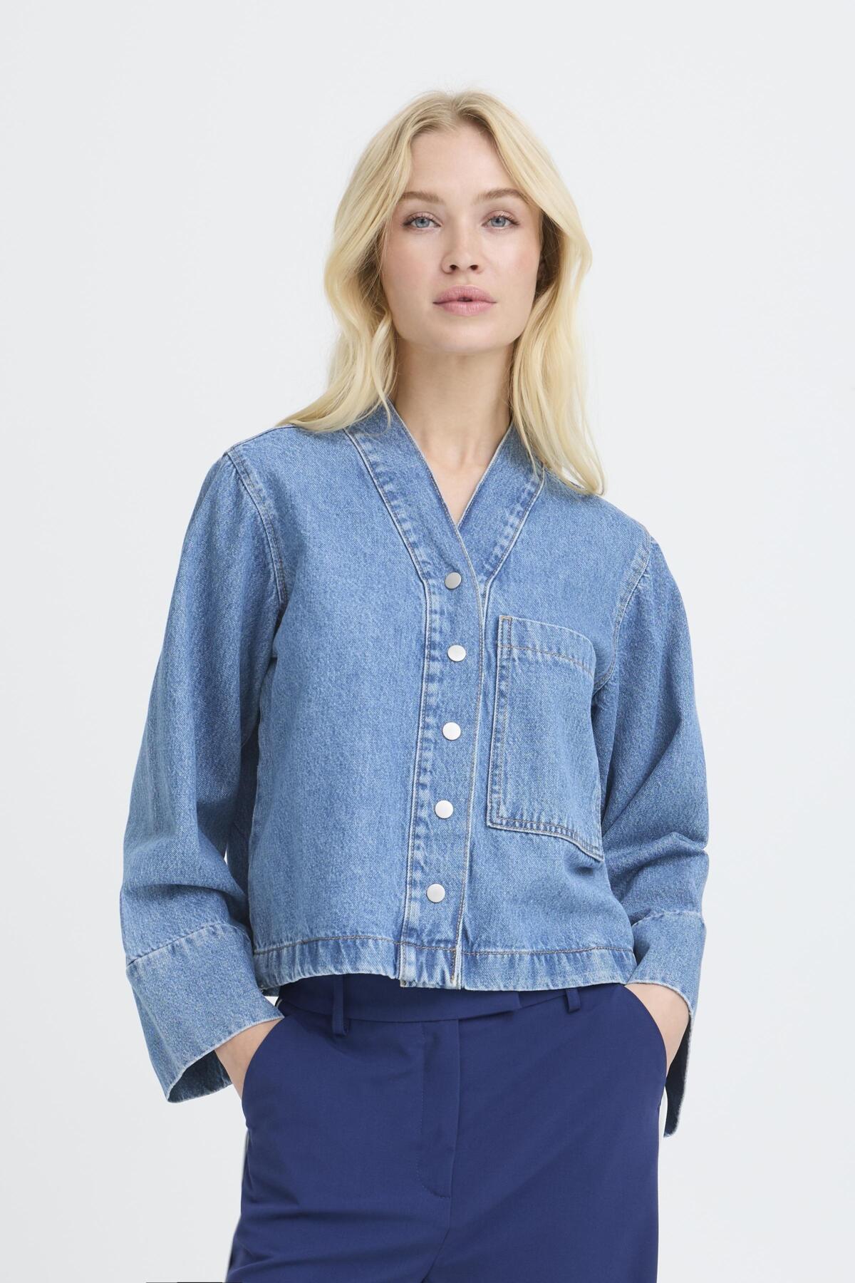 B Young KACILA Cotton Denim Look Shirt - Mid Blue Denim