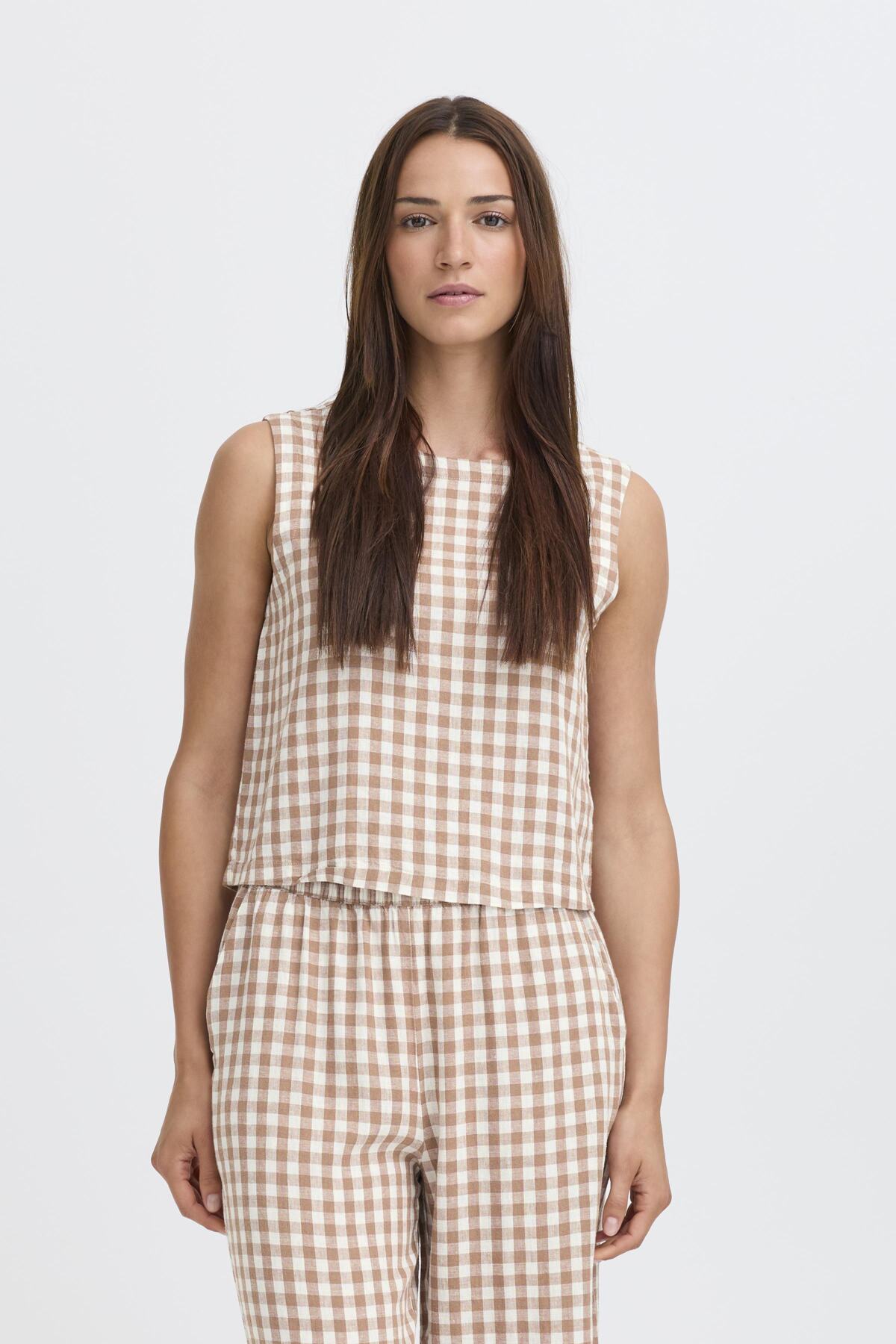B Young FALAKKA Round Neck Top - Woodsmoke Check