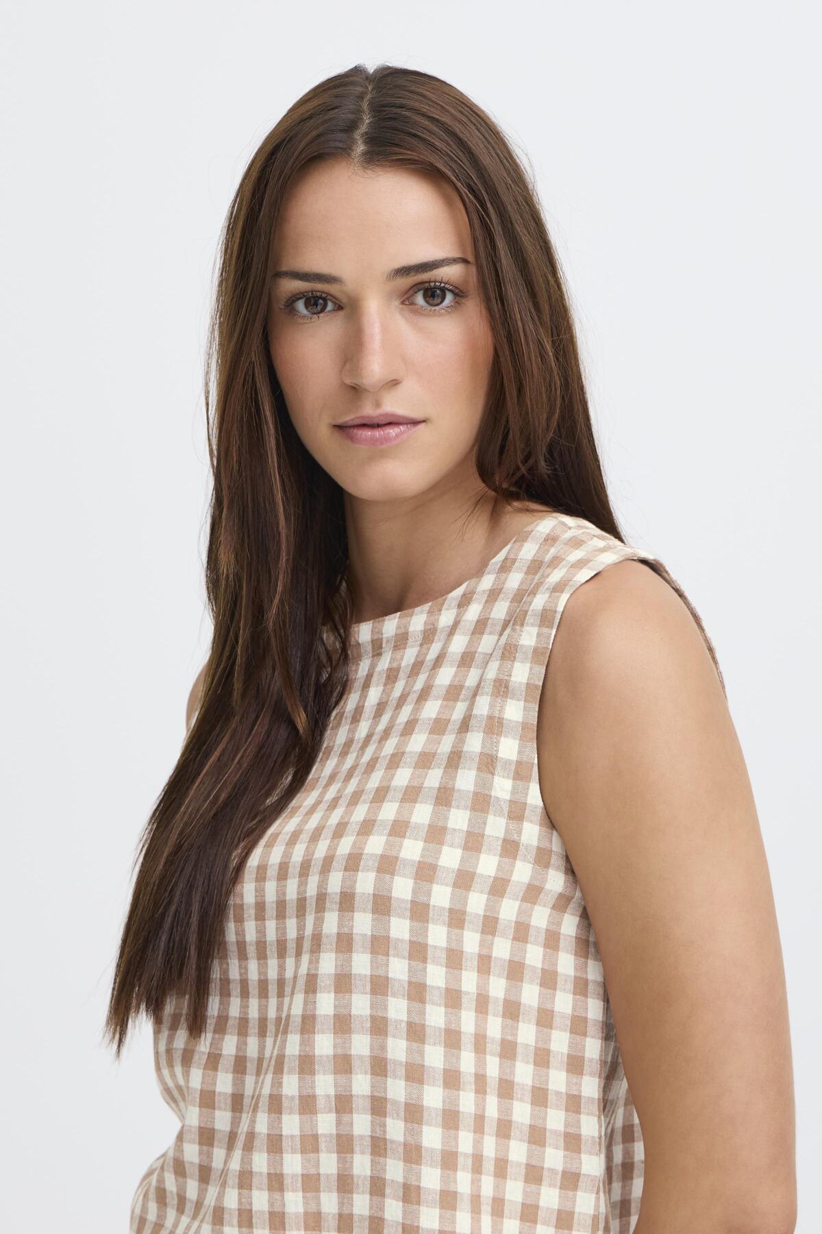 B Young FALAKKA Round Neck Top - Woodsmoke Check