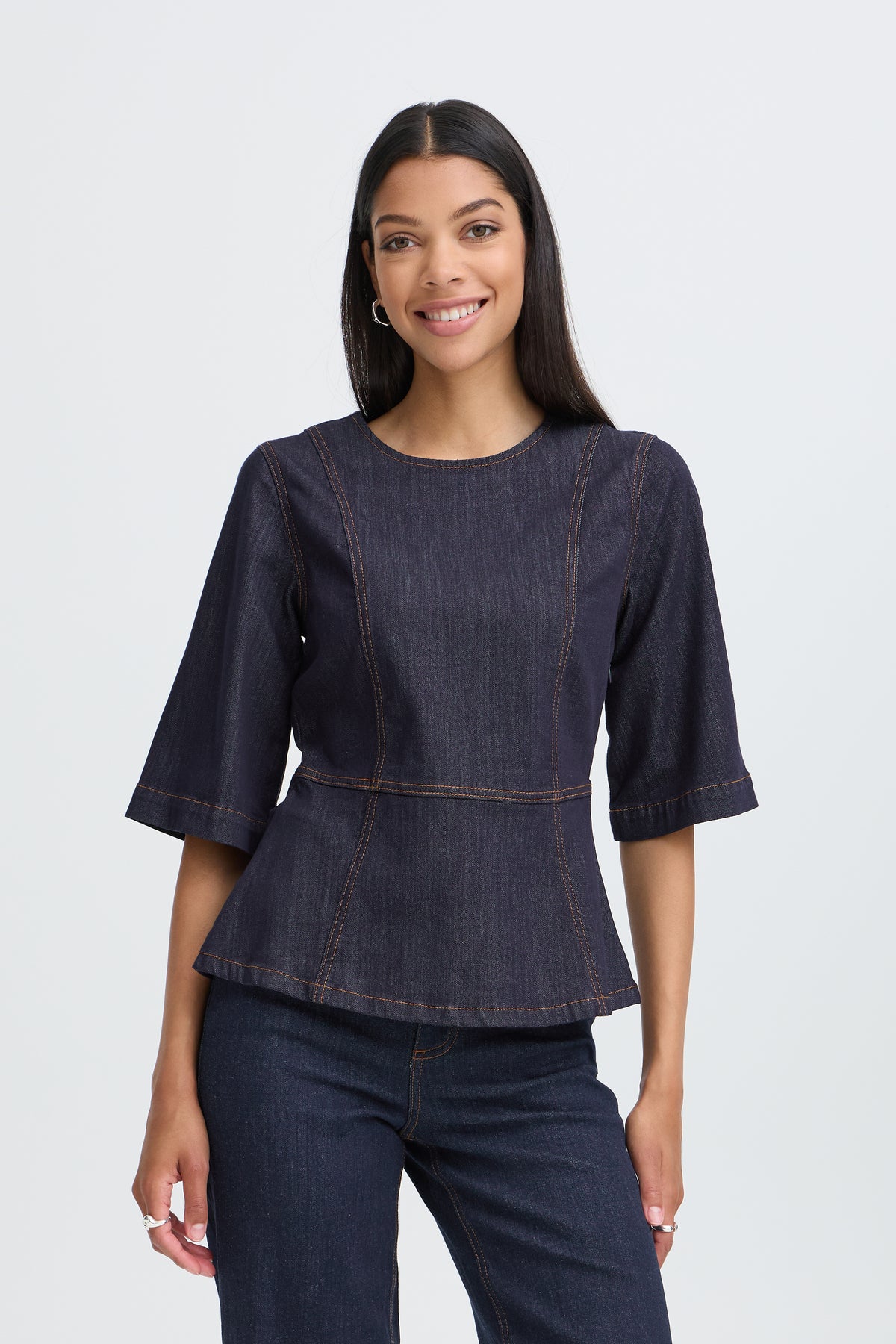 B Young KANEA Peplum Blouse - Dark Blue Denim