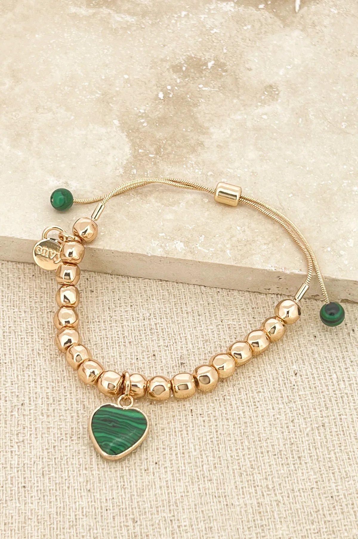 Envy Adjustable Gold Bracelet with Green Charm