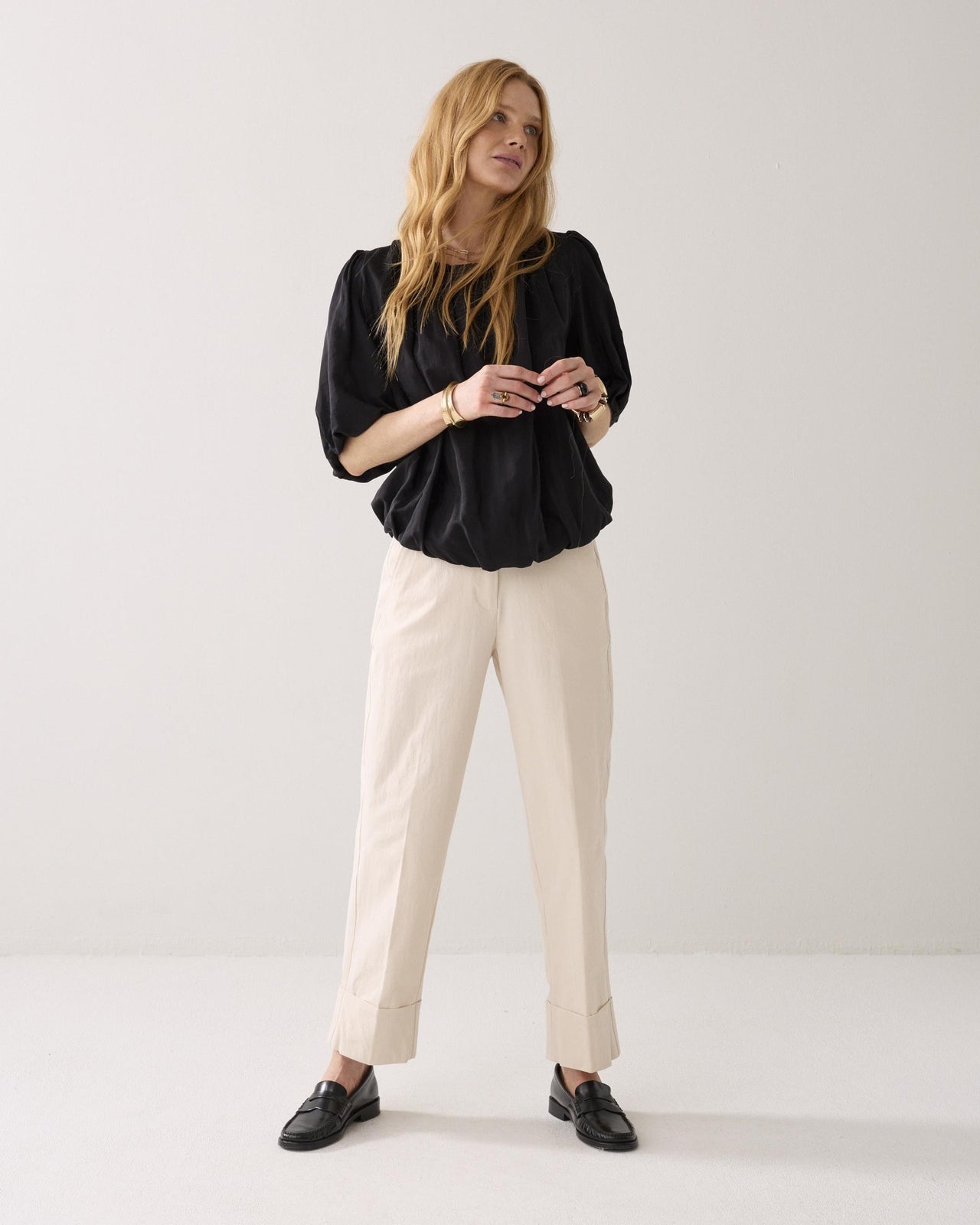 Summum Shiny Pleated Balloon Top - Black