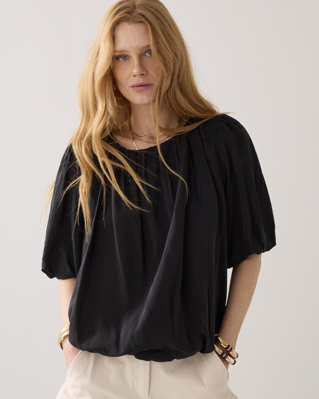 Summum Shiny Pleated Balloon Top - Black