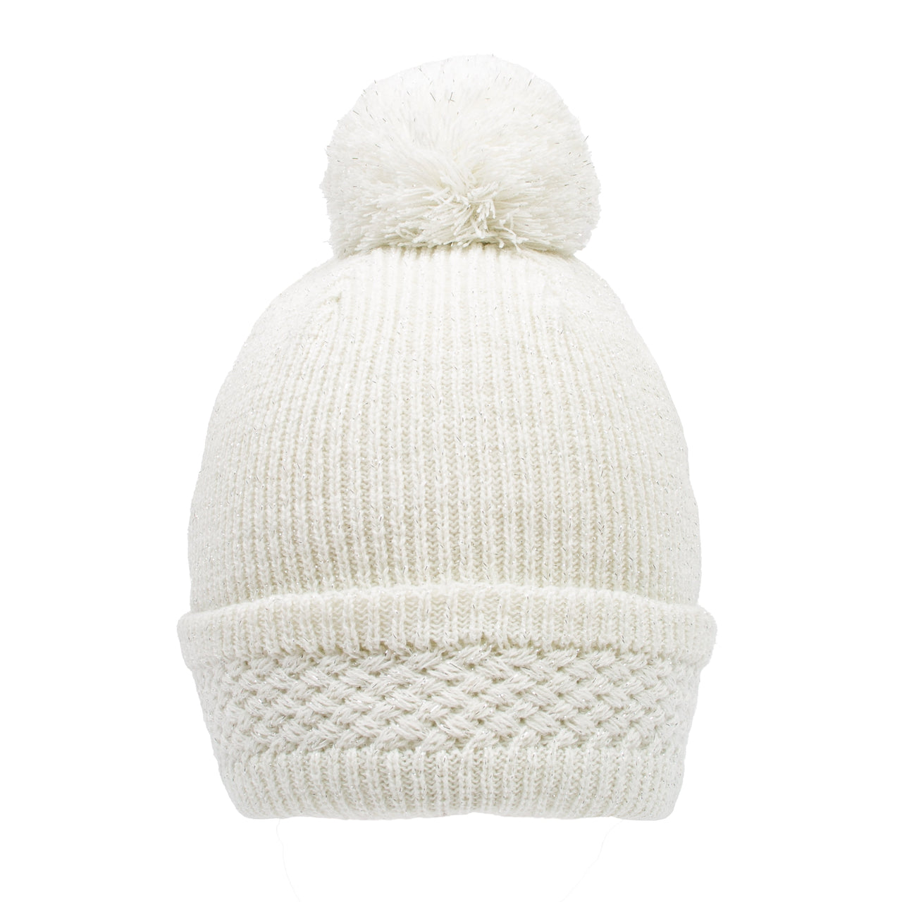 DENTS Women's Ribbed Knit Bobble Hat with Metallic Yarn - Winter White
