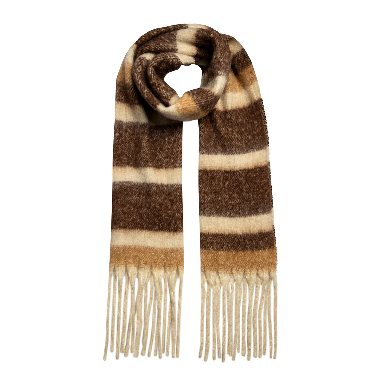 DENTS Women's Stripe Blanket Scarf with Tassels - Chocolate/Camel