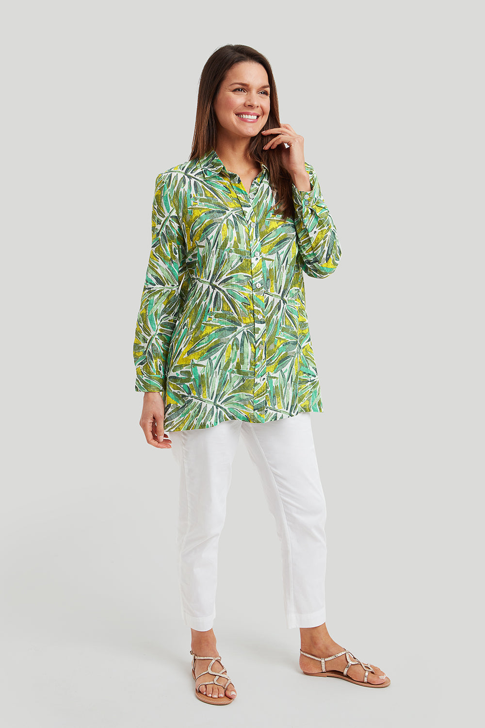 Adini Amelia Palm Print Tunic Shirt - Green Mix