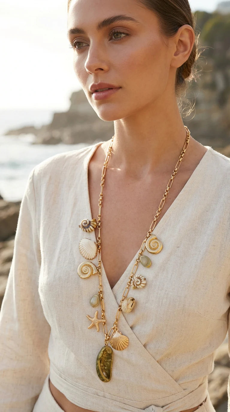 Envy Gold Long Shell Chunky Charm Necklace