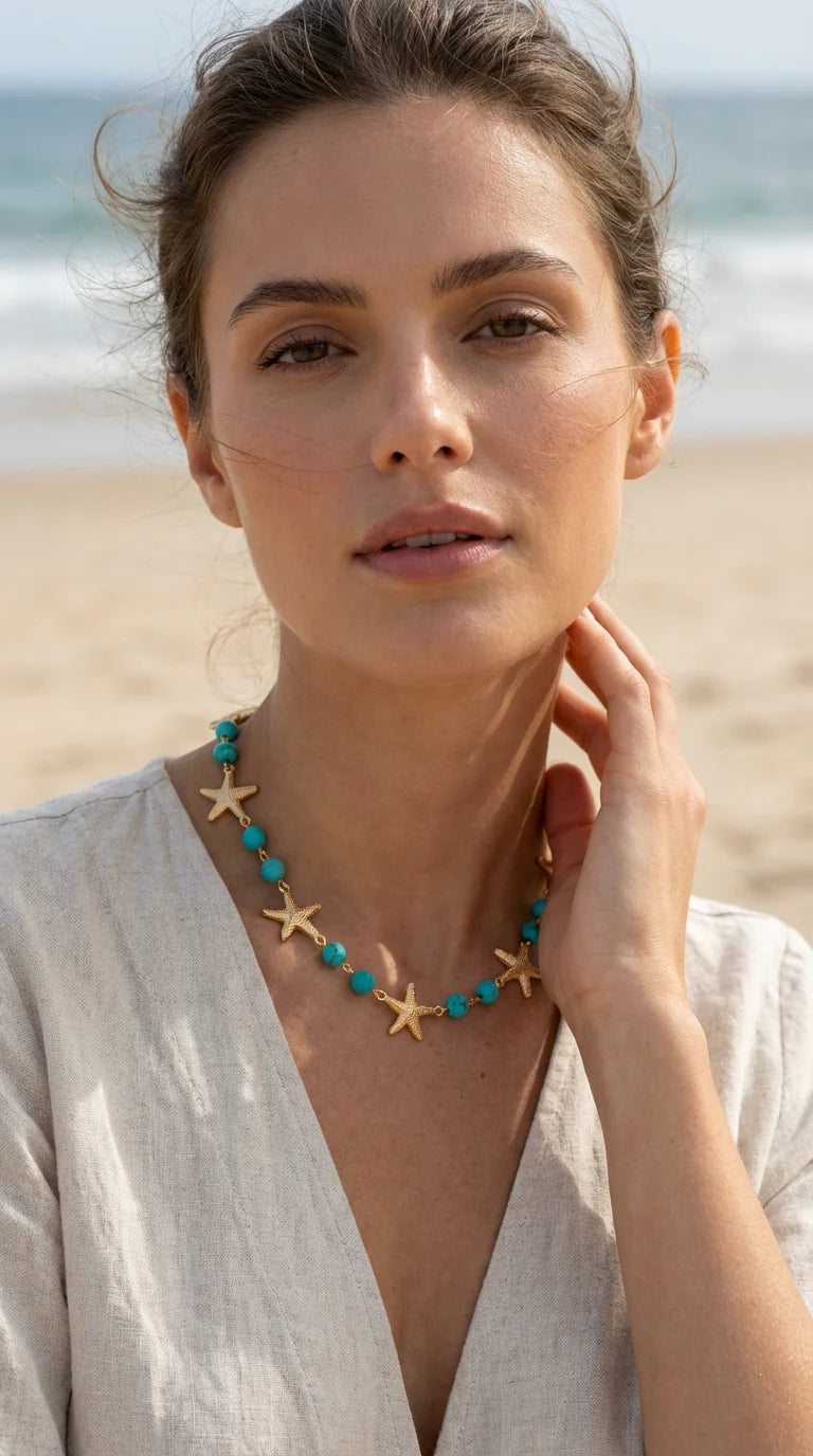 Envy Gold Short Turquoise Necklace With Beads & Starfish