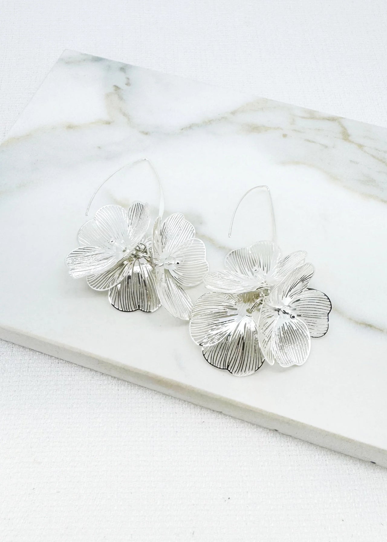 Envy Long Silver Petal Design Earrings