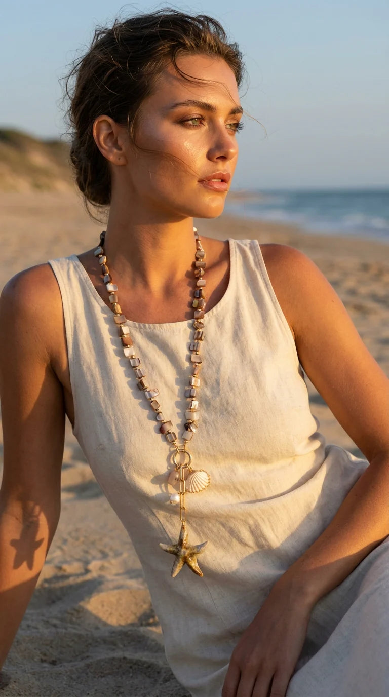 Envy Gold Long Taupe Necklace With Starfish