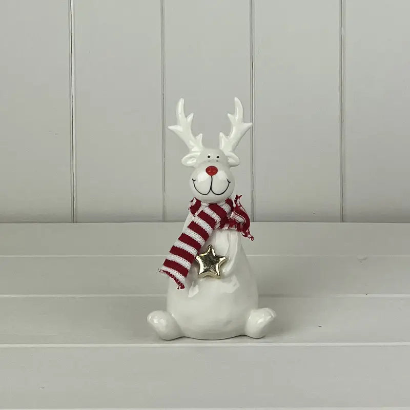White Ceramic Reindeer Ornament with Knitted Scarf