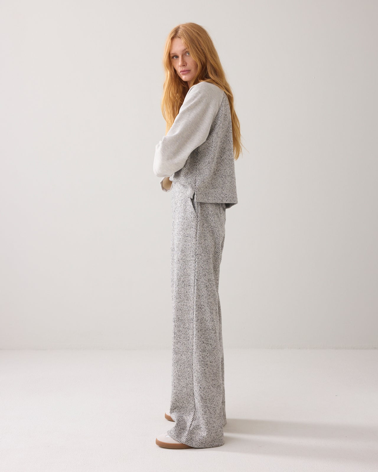 Summum Wide Leg Herringbone Broek Trousers - Mist