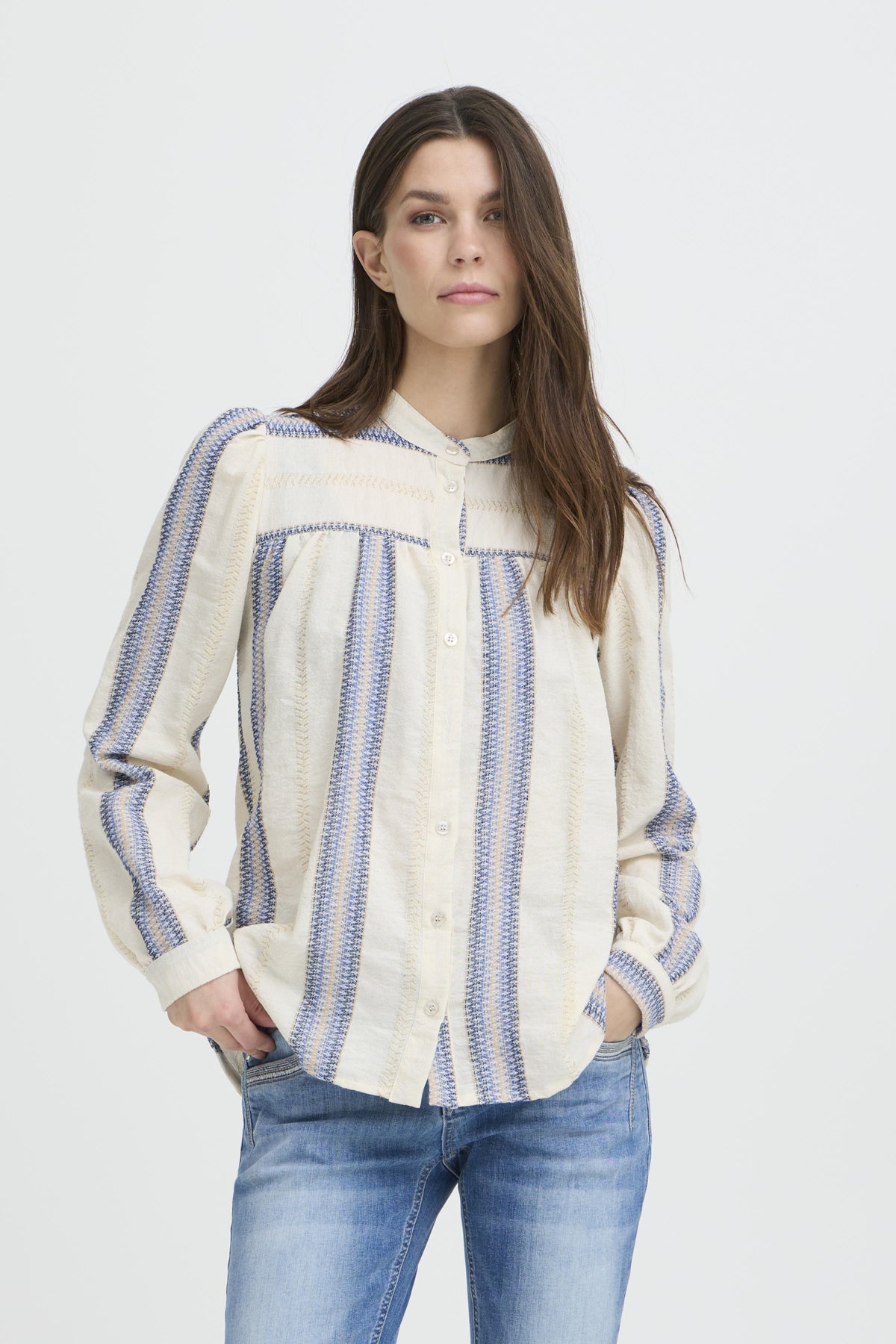 Pulz Adola Woven Shirt - Creme With Coral Stripe