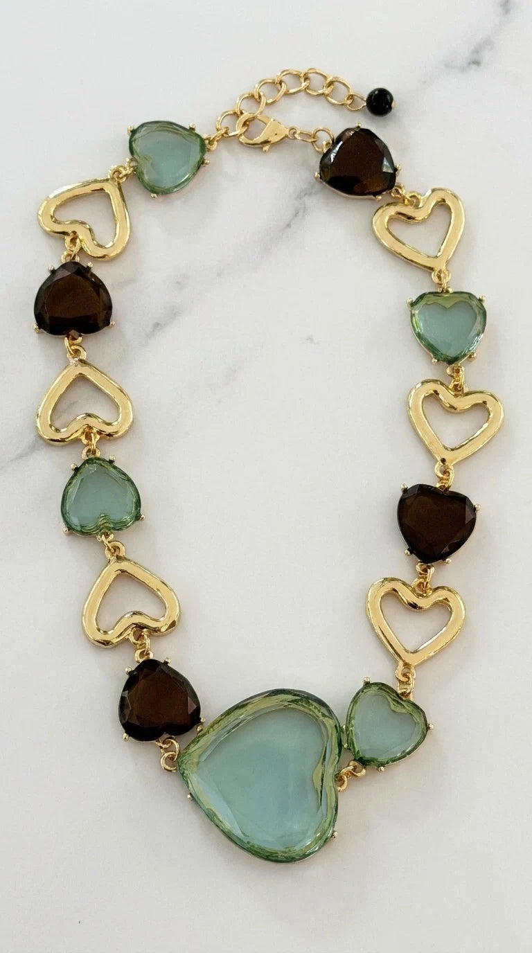Envy Short heart link necklace with turquoise and coffee coloured hearts