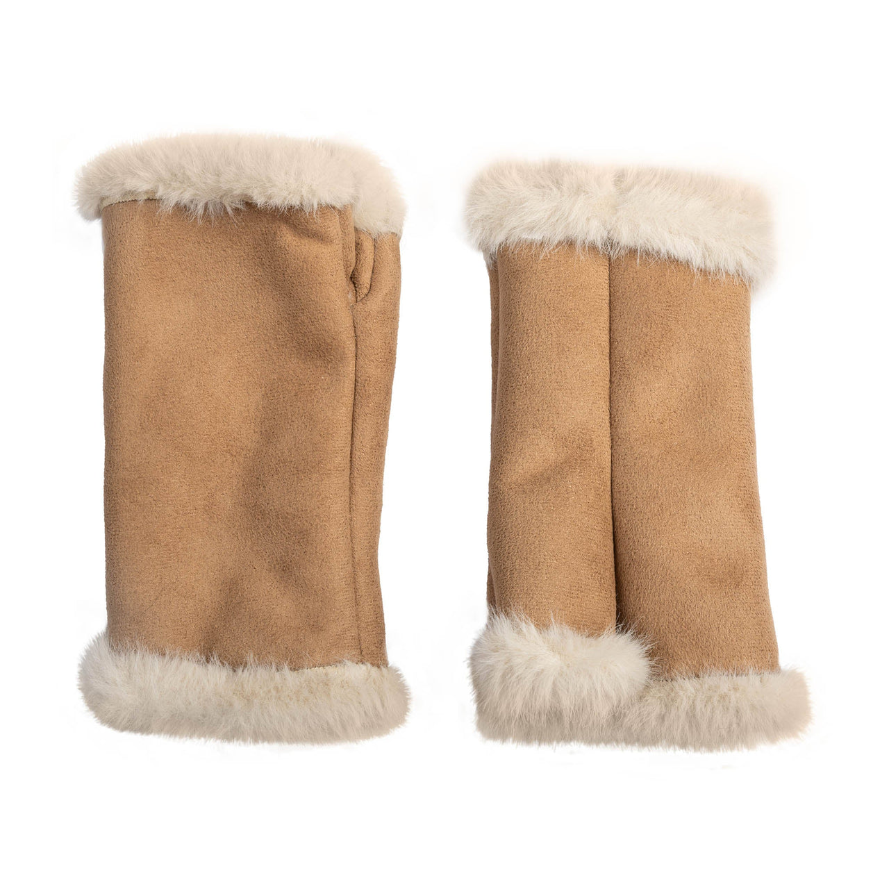 DENTS Women's Fingerless Faux Fur-Lined Faux Suede Mittens - Natural/Camel