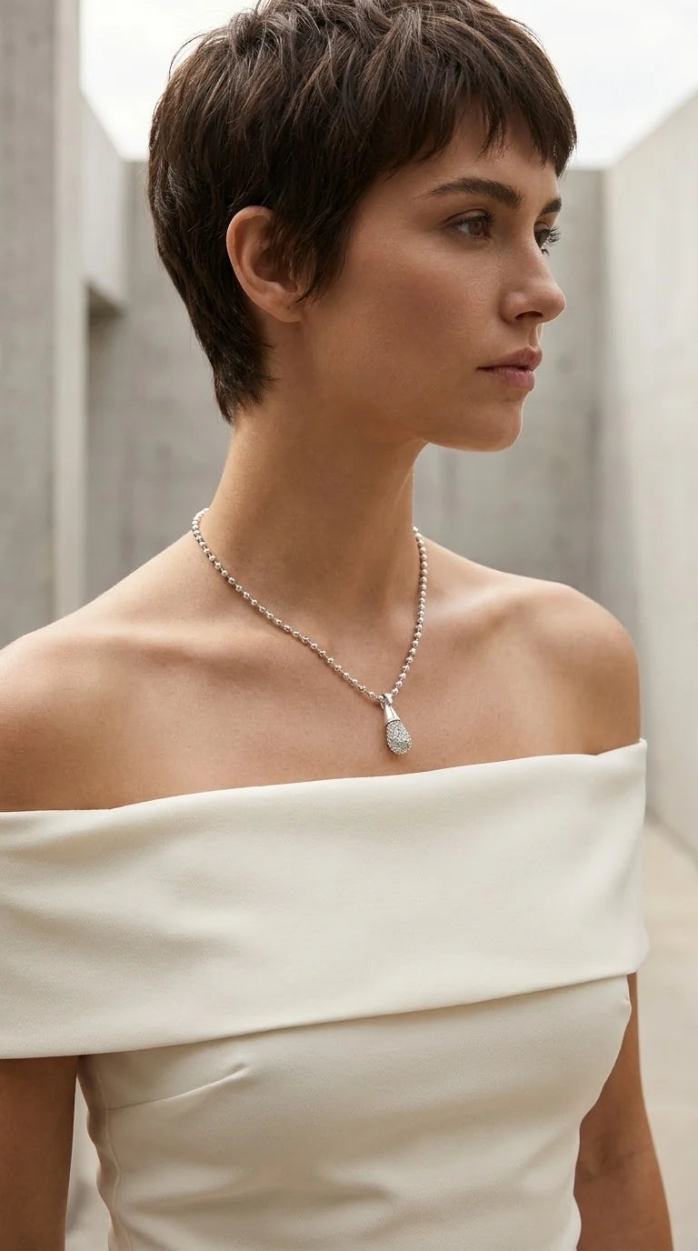 Envy Short silver bead chain necklace with crystal dropper
