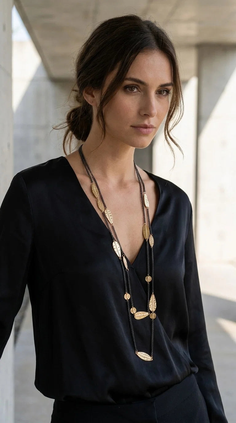 Envy Long black double chain necklace with hammered gold leaf and oval detail